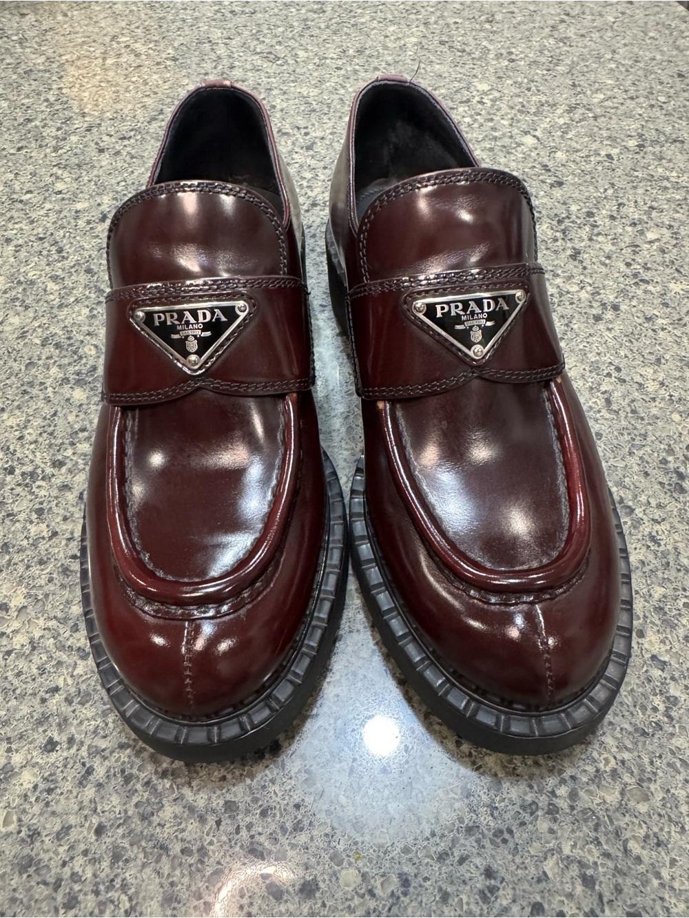 Prada Women's Burgundy Patent Leather Loafers with Triangle Logo